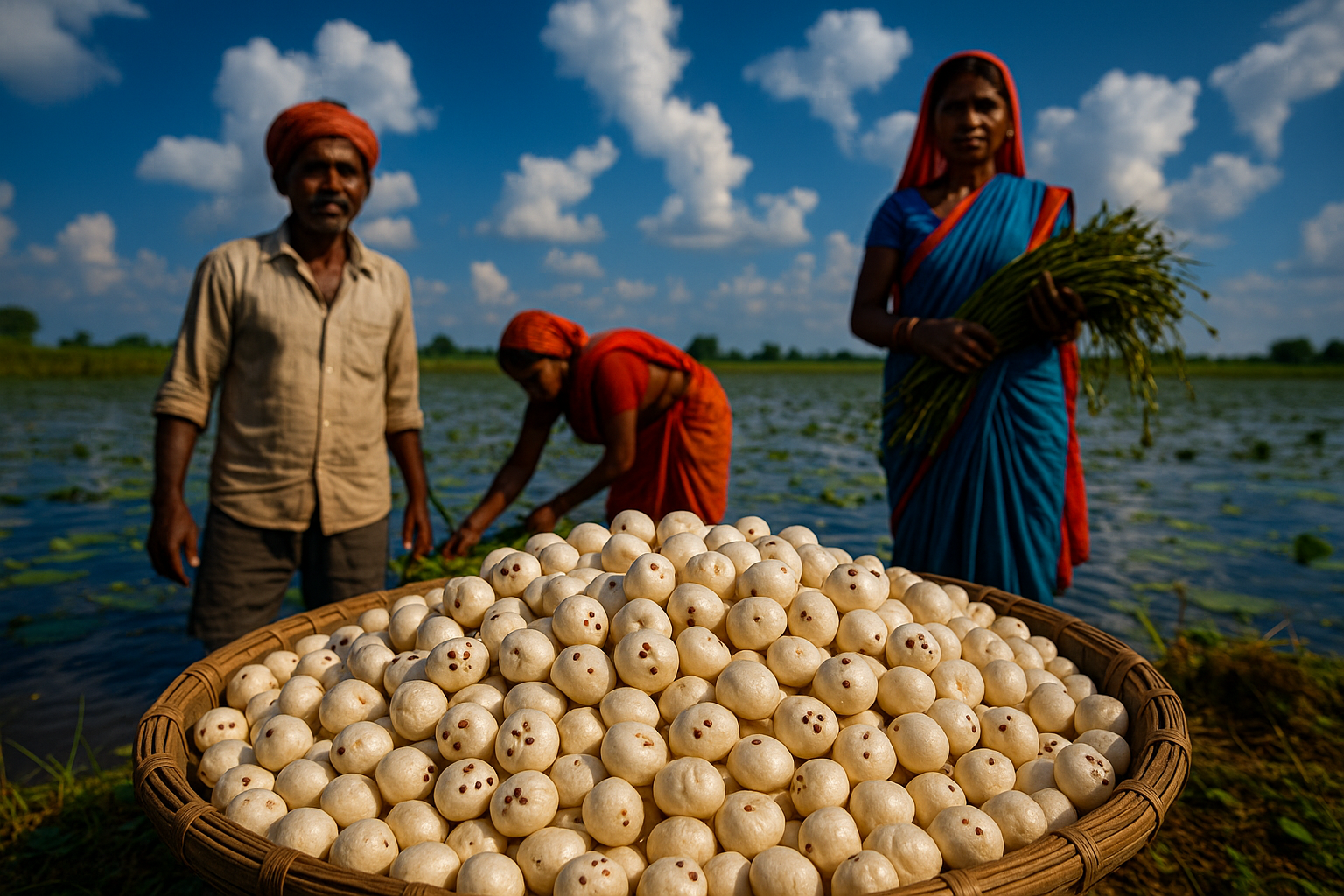 Premium Makhana farming Bihar India GI certified Mithila foxnut